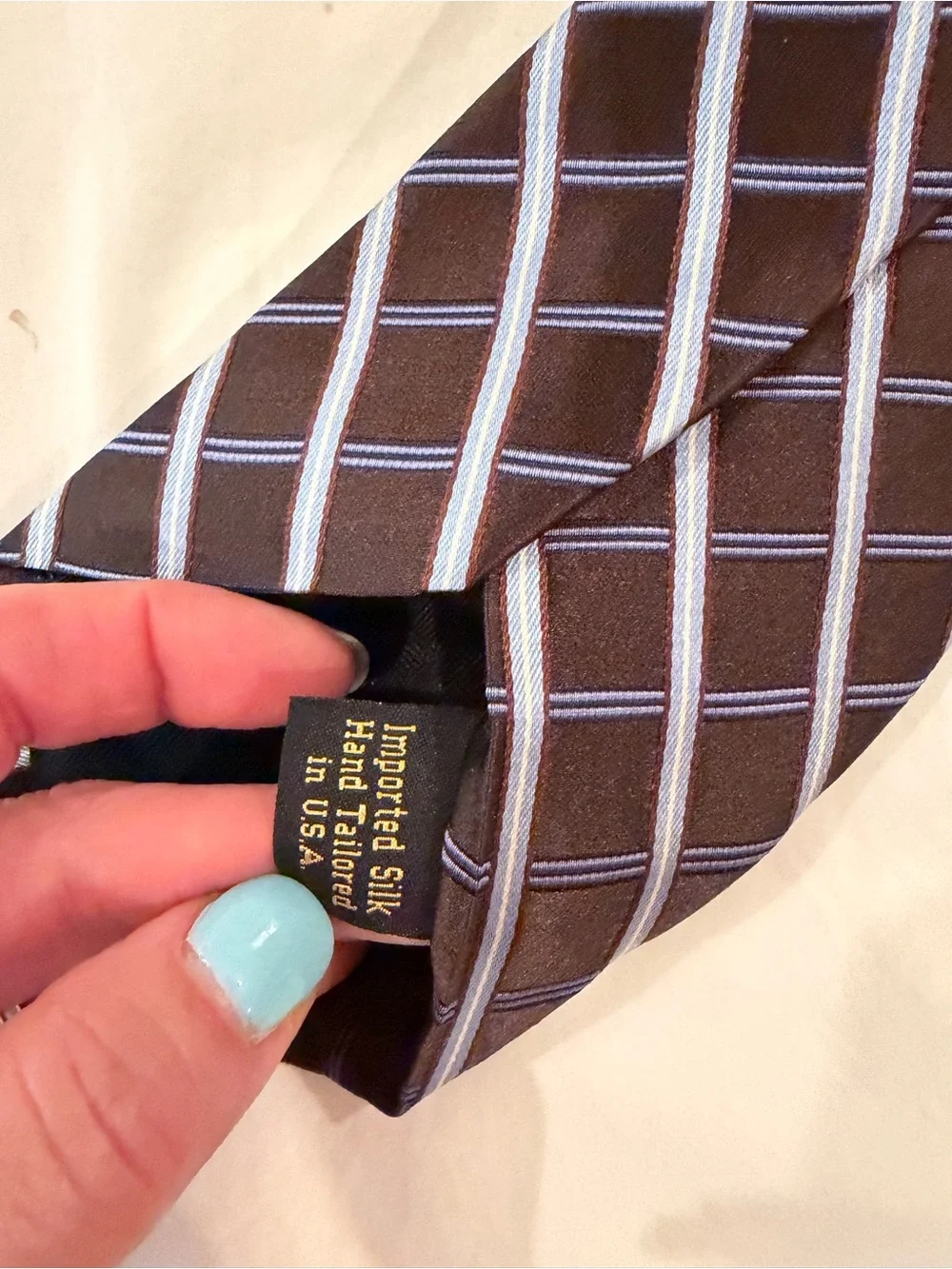 Hart Schaffner Marx Brown Tie with Light Blue Diagonal Plaid